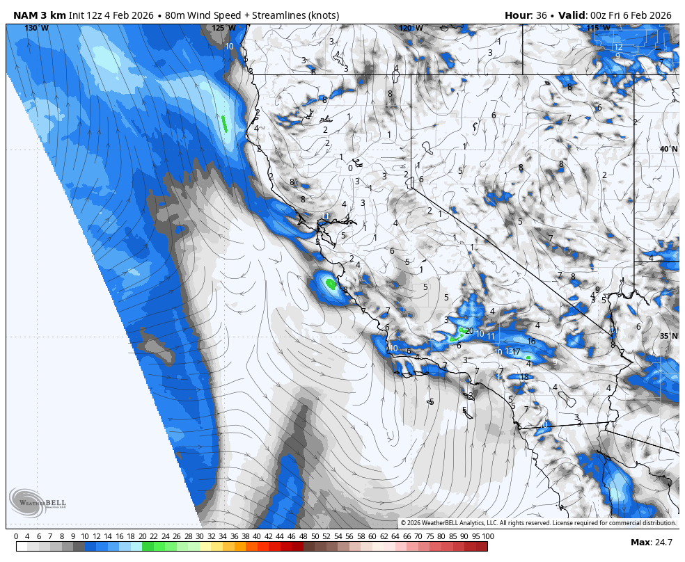 A weather map showing wind speed with streamlines and color coding, indicating strong winds from the Pacific Ocean approaching the California coast, with varying wind speeds across the region, valid for February 6, 2026.