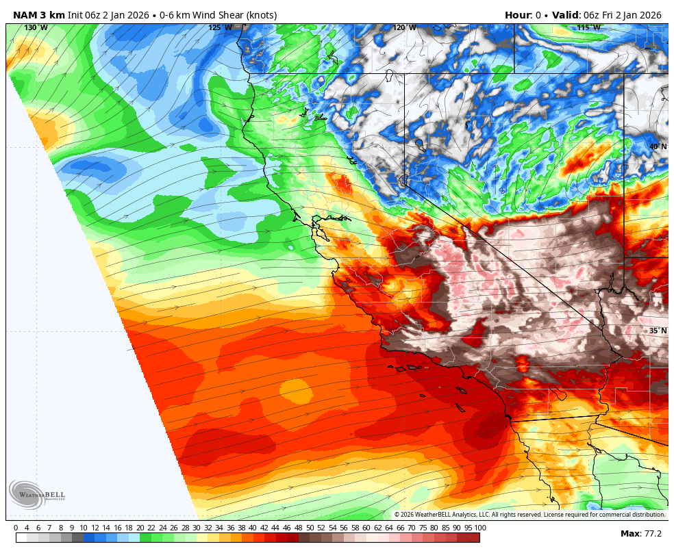 A weather map showing wind shear in knots and cloud cover over the western United States and parts of Mexico. The map highlights areas of high wind shear, especially over Mexico and the southwestern U.S., with intense colors indicating stronger wind shear, and cloud patterns depicting weather conditions.