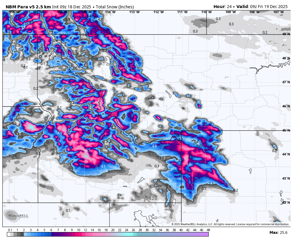 Map showing total snow accumulation in inches across parts of the Northwestern United States, with pink to purple indicating higher snowfall amounts and gray indicating no snowfall.