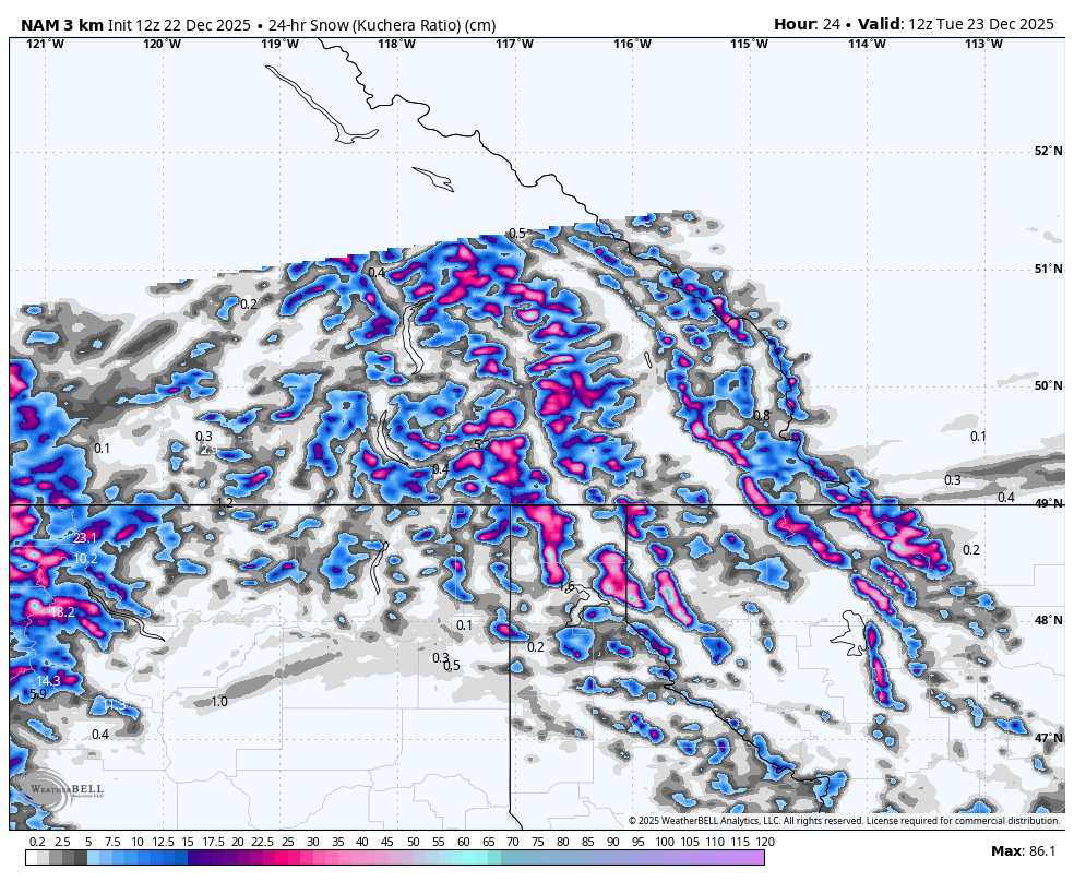 Map showing 24-hour snowfall in centimeters across the northwestern United States, including parts of Alaska, with color gradients indicating snow depth; pinks and reds represent heavier snowfall.