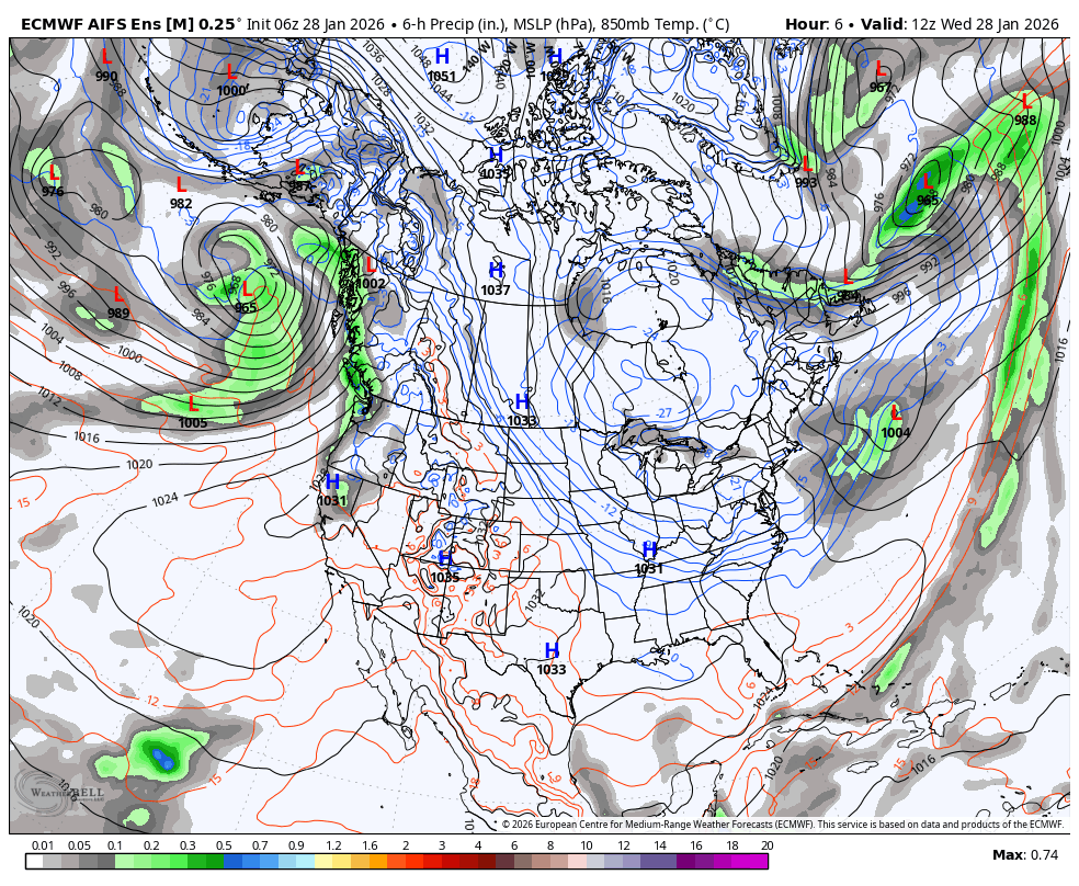 A weather map of North America showing isobars, high and low-pressure areas, and precipitation patterns for January 28, 2026, at 12:00 PM.