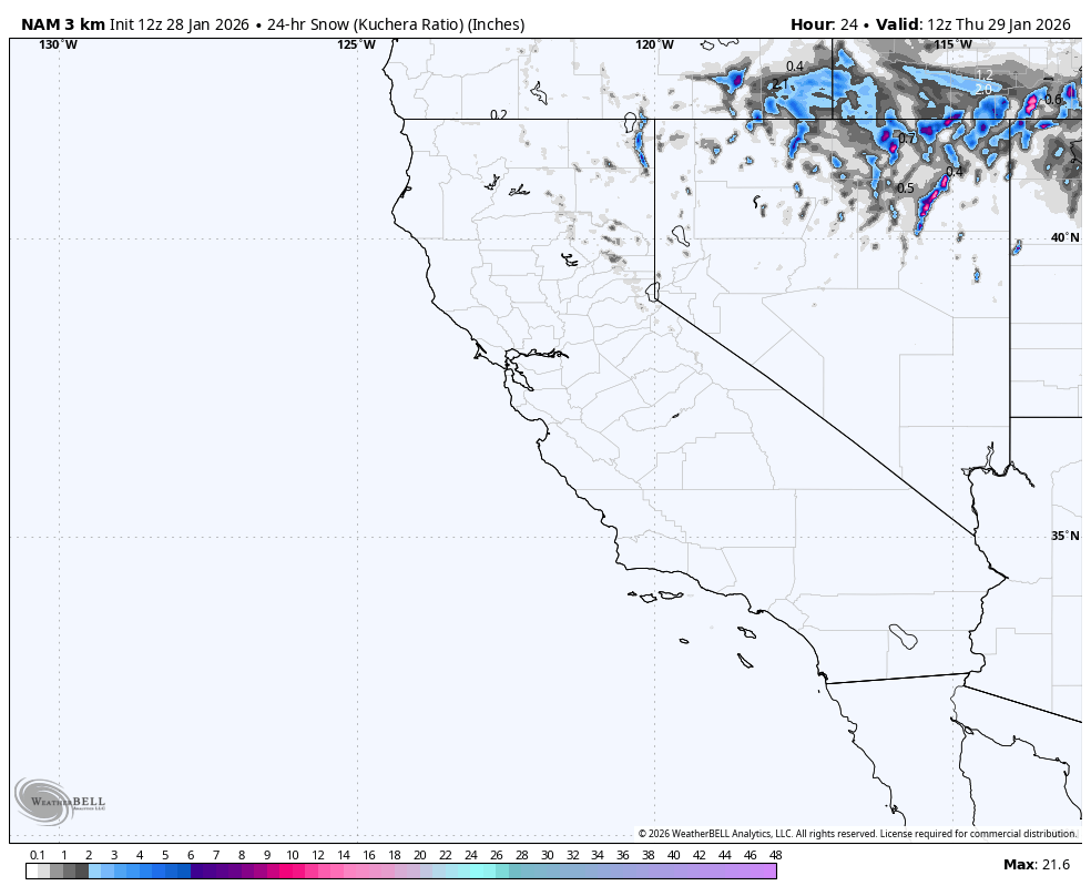 Map showing snowfall forecast over parts of the western United States, with areas of snow indicated in various shades of blue, purple, and pink, reflecting different levels of snow accumulation in inches, valid for January 29, 2026.
