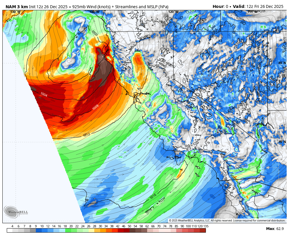 A weather map showing a large storm system with high wind speeds and a central low-pressure area, depicted in red and orange, off the northwest coast of the United States, with streamlines indicating wind direction, and blue areas indicating lower wind speeds over the eastern U.S. and parts of Canada.