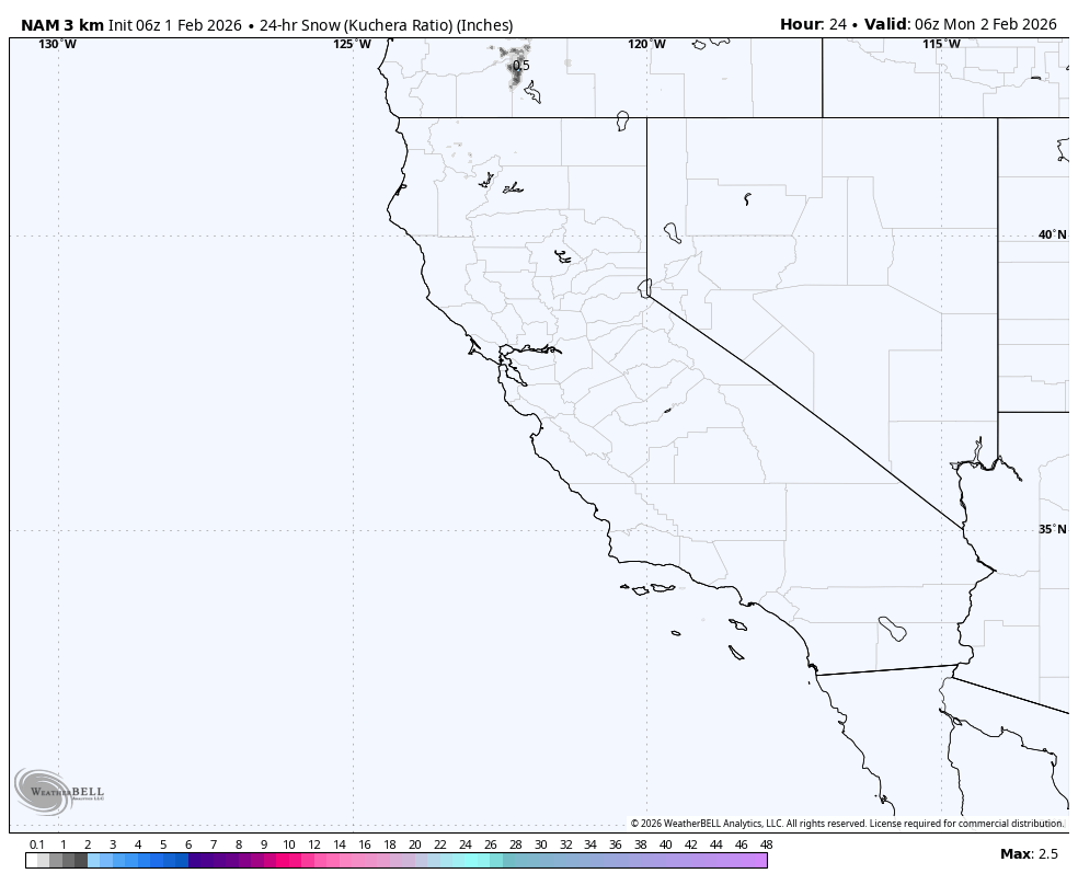 Map showing snowfall forecast for California, Nevada, Oregon, and surrounding areas for February 2, 2026. Light snowfall expected in northern California and parts of Nevada.