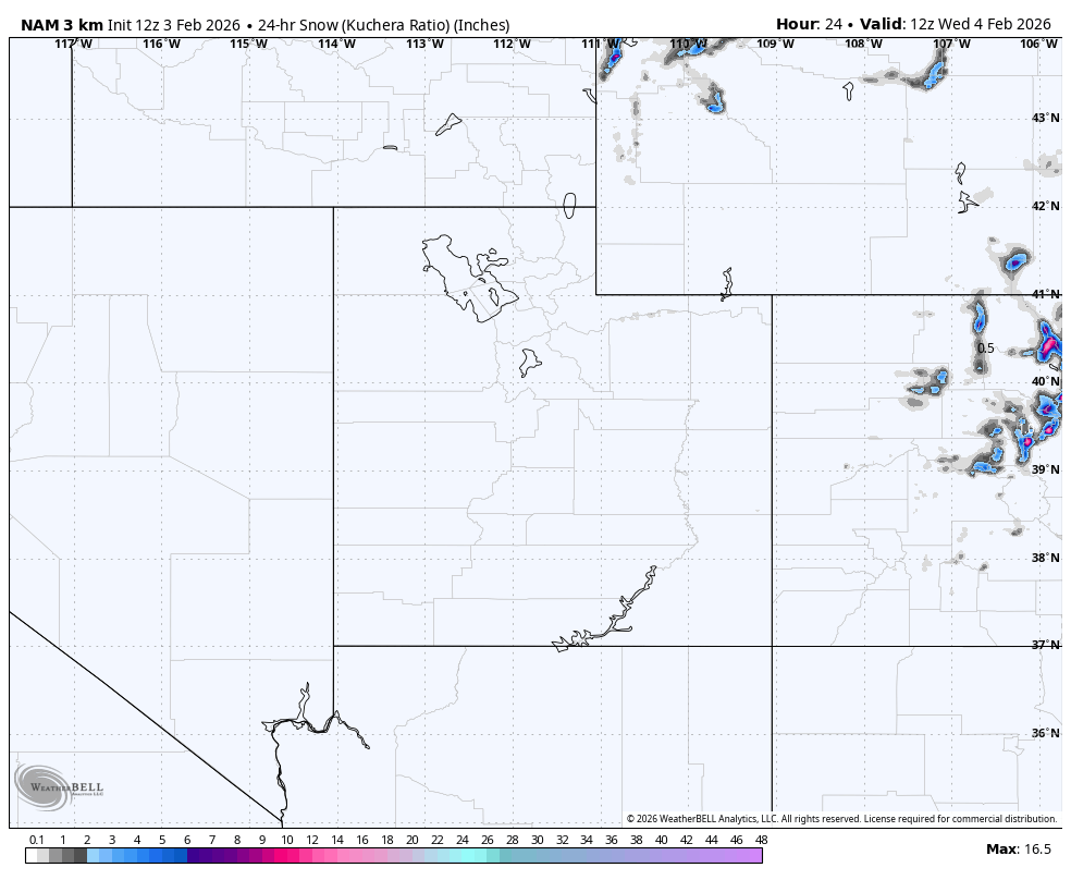 A weather map showing snow accumulation in inches over the southwestern United States and parts of the northern plains, with the highest snowfall in the eastern regions near North Dakota and Minnesota.