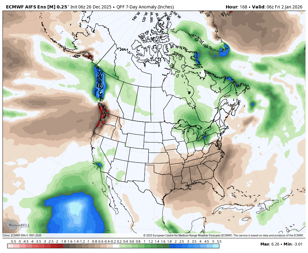 Map showing 7-day precipitation anomalies across North America with various colored regions indicating above or below average precipitation levels, with green for above and brown for below.