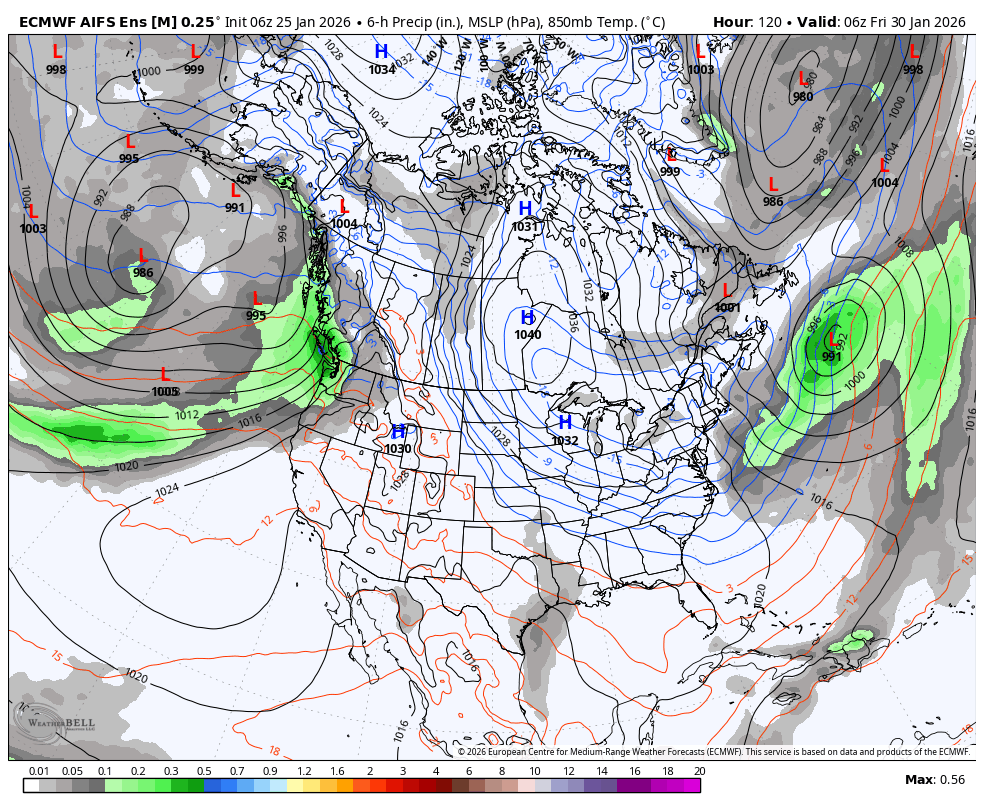 Weather map of North America showing high and low pressure systems, with areas of precipitation indicated in green and gray. The map includes isobars, fronts, and temperature details, valid for 06z on January 30, 2026.