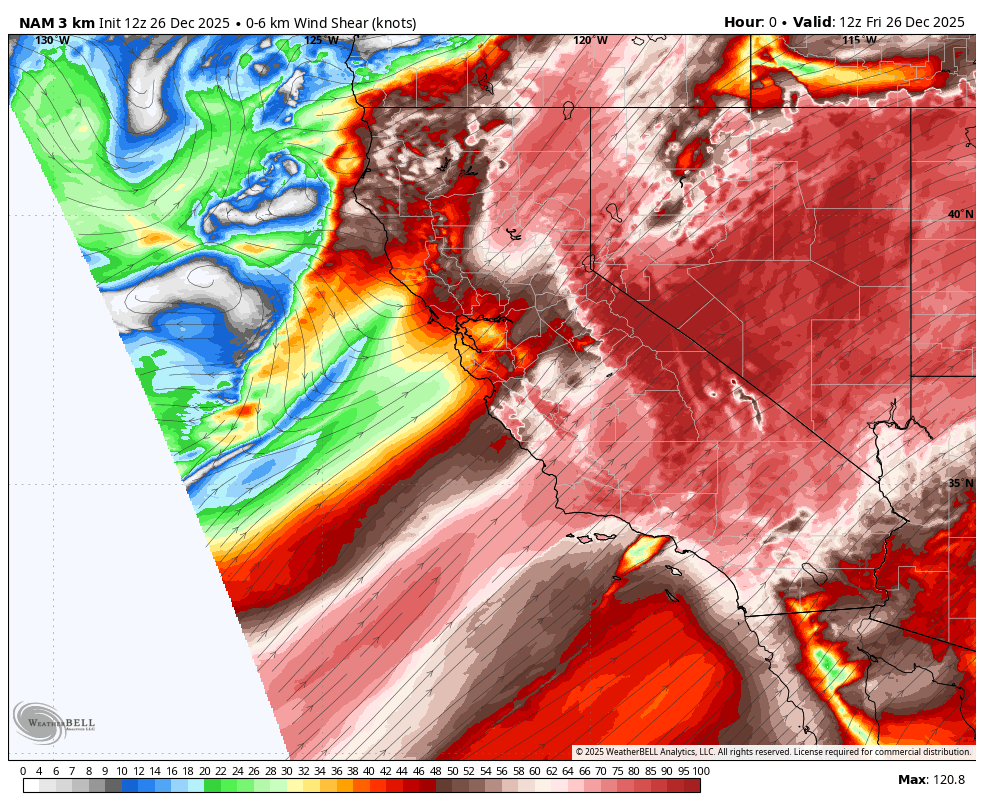 A weather map showing wind shear in knots across parts of California, Nevada, and Mexico, with intense red and brown colors indicating high wind shear, and some green and blue areas indicating lower wind shear. Wind flow lines are visible across the map.