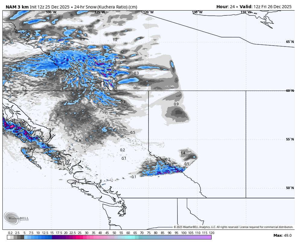 Map showing 24-hour snowfall accumulation in centimeters across parts of Alaska, western Canada, and northern United States, with blue and purple indicating higher snow levels, based on data valid at 12:00 PM on December 26, 2025.