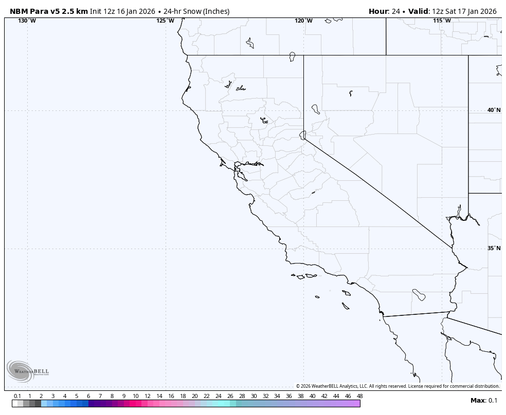 Map of California and surrounding states showing snowfall forecast in inches, with little to no snow accumulation expected.