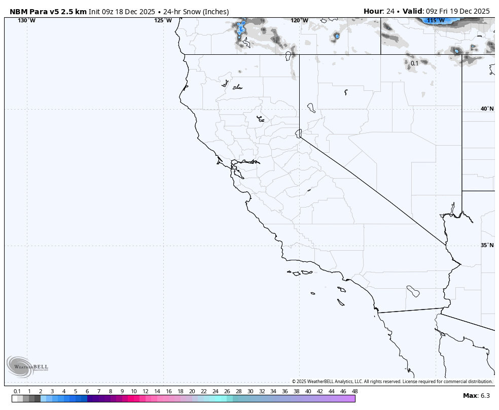 Map showing 24-hour snow coverage in inches across the western United States, with minimal snow reported and no significant snow areas present on December 18, 2025.
