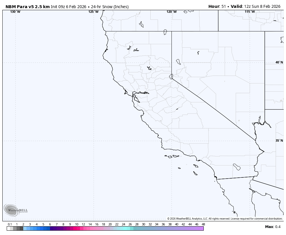 Map showing snow accumulation in California and surrounding states, with light precipitation, mostly less than 0.1 inches.