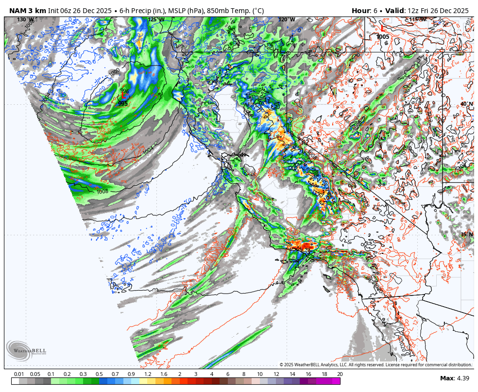 Weather map showing a large storm system with heavy rain, thunderstorms, and precipitation over the Pacific Northwest, California, Nevada, and parts of the Great Basin. The map includes isobars and storm pressure markers, indicating active weather patterns.