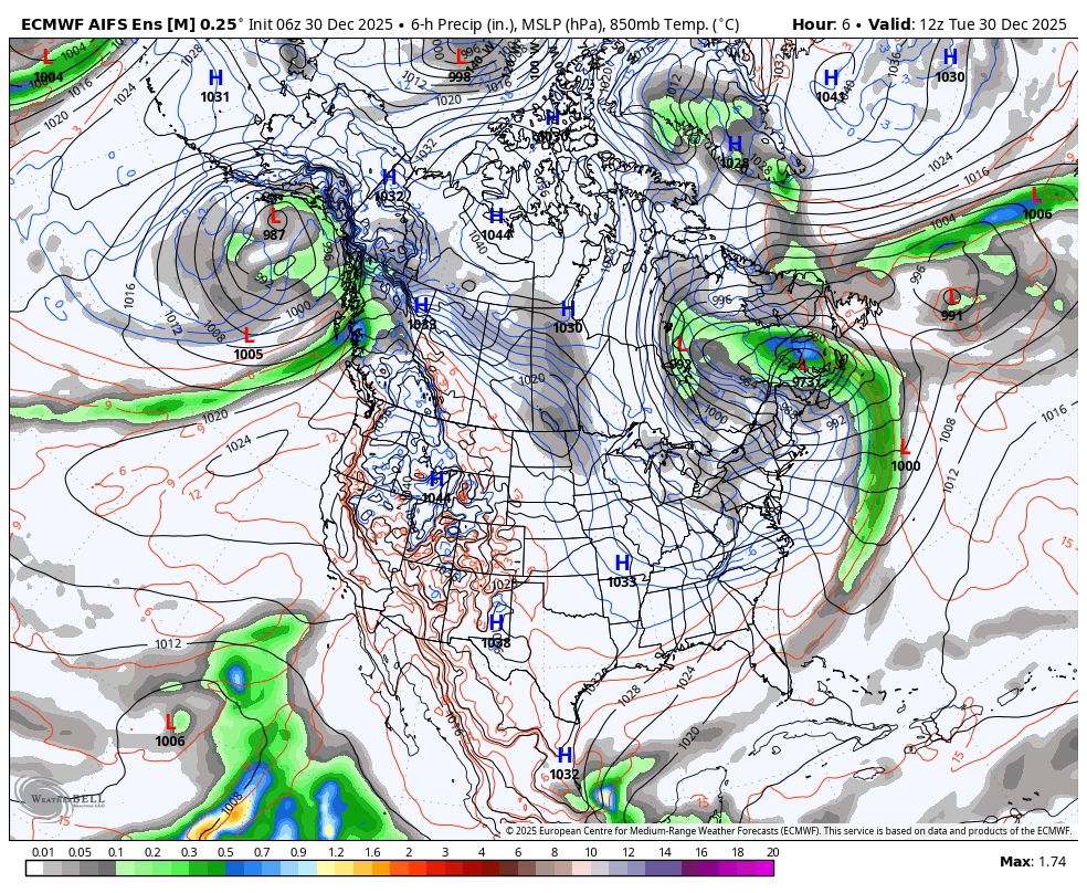 Weather map of North America showing various weather systems, including low and high-pressure areas, with precipitation patterns marked in green and blue, and isobars indicating pressure changes.