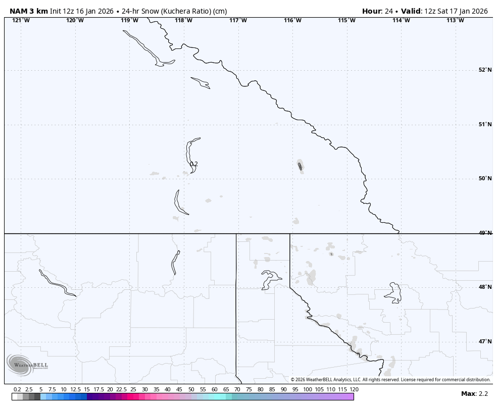 Map showing 24-hour snowfall accumulation in centimeters across parts of Canada, including British Columbia, Alberta, and surrounding regions, valid as of January 17, 2026.