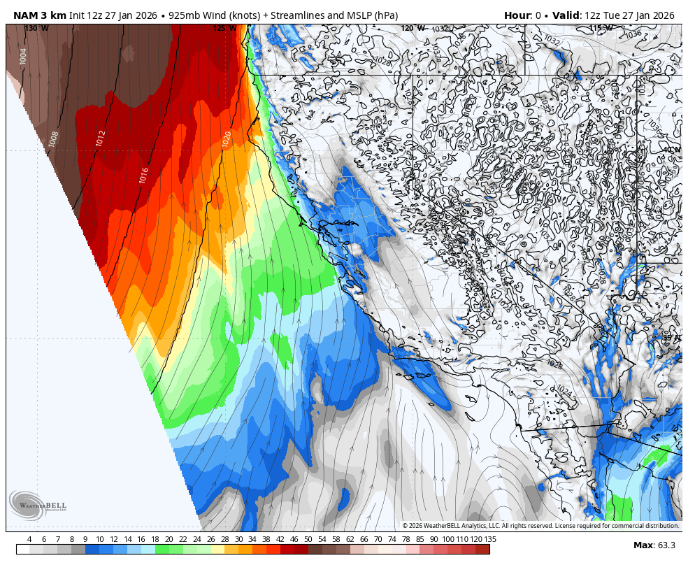 Weather map showing wind speeds and streamlines across western North America, with areas of precipitation and pressure contours, valid for 12z on January 27, 2026.