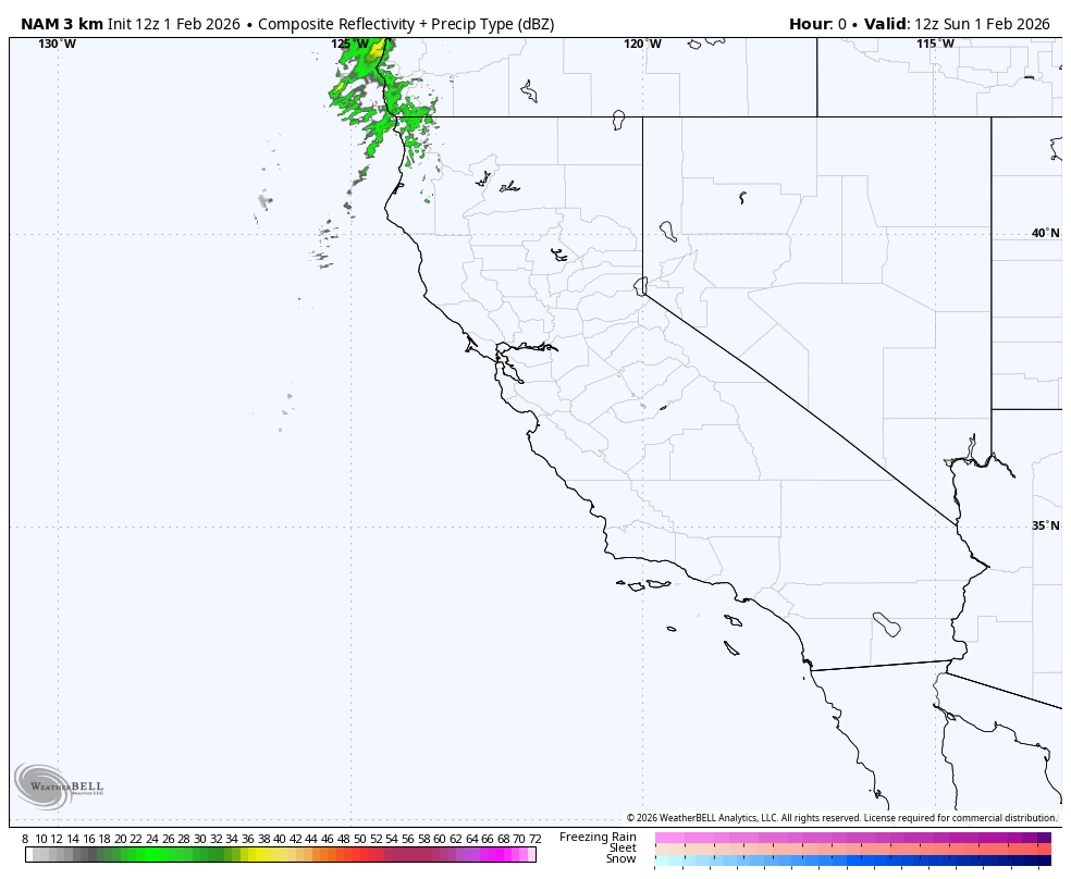 Map showing weather radar data over California, with rain in the northwestern region and no precipitation elsewhere.
