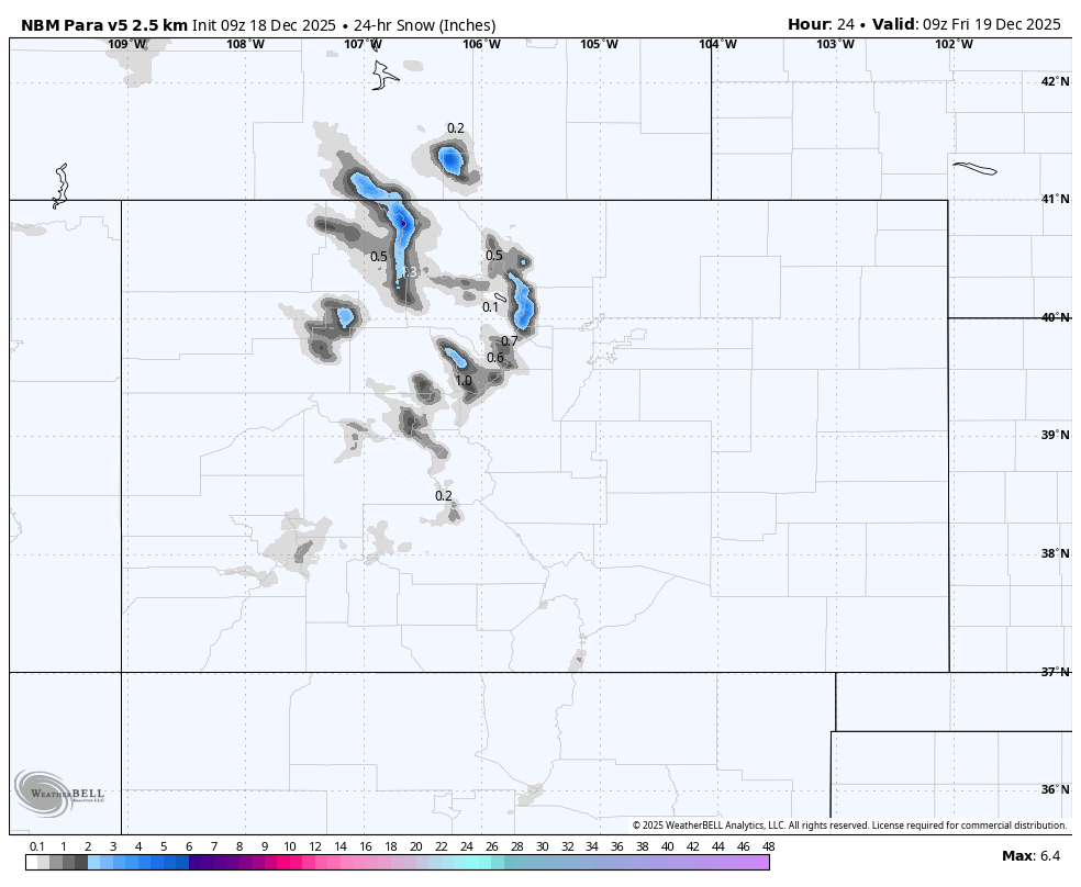 Weather map showing 24-hour snowfall in inches for the western United States, with the heaviest snowfall near the northern Rockies and parts of Wyoming and Montana, indicated by dark blue and black areas.
