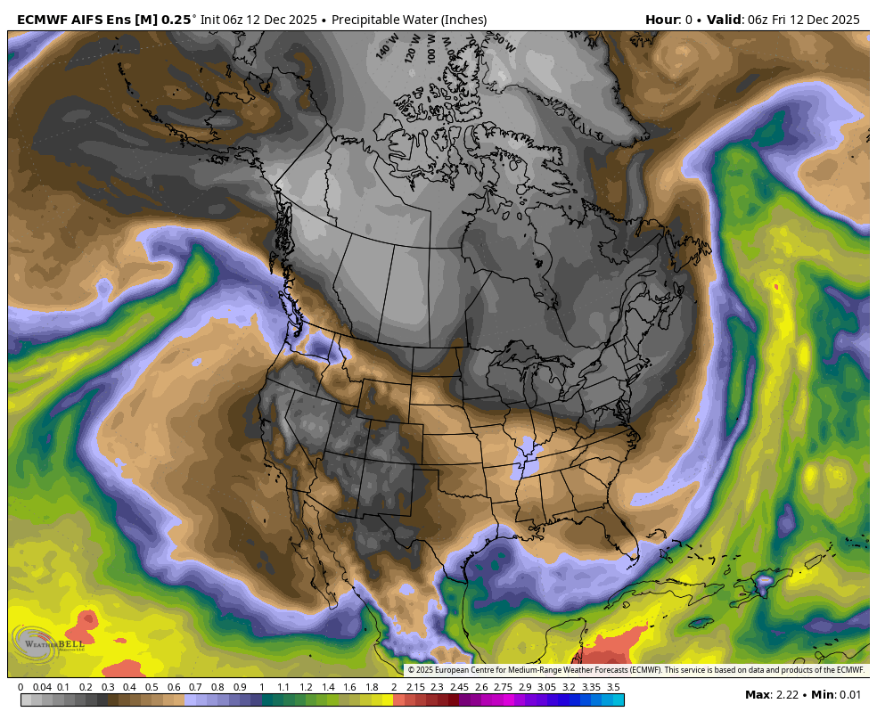 Map of North America showing predicted precipitation levels in inches for December 12, 2025, with higher rainfall in the southeastern U.S. and parts of the Pacific Ocean, and minimal precipitation in northern Canada and the Arctic.