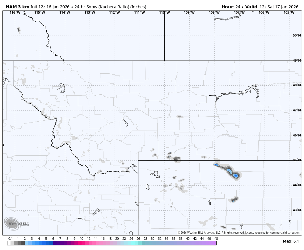 Map showing snowfall in parts of Eastern Montana and Northern Wyoming, with higher snowfall amounts in some counties, as indicated by dark blue and gray shading.