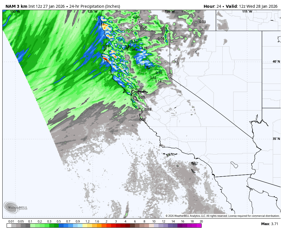 Map showing 24-hour precipitation levels across California, Oregon, and surrounding states on January 28, 2026, with rainfall amounts in inches, varying from light gray to dark green, yellow, orange, and purple indicating increasing rainfall.