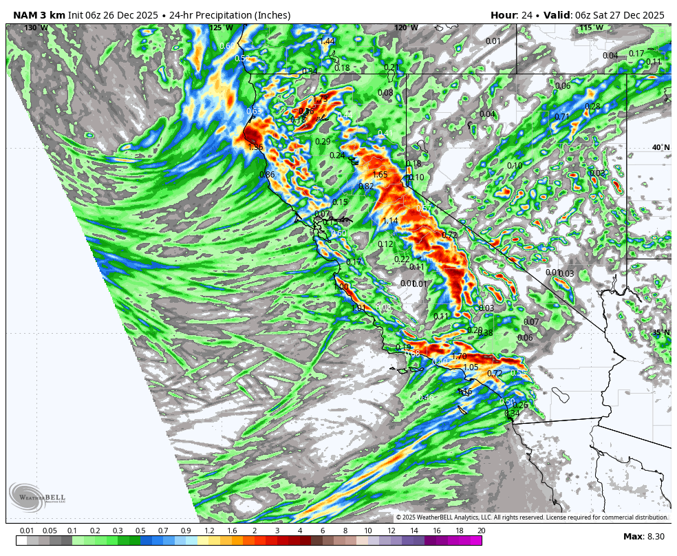 Weather map showing a 24-hour precipitation forecast over California and surrounding states, with areas of heavy rainfall marked in red and orange, indicating intense storm activity, especially along the coast and inland regions, as of December 26-27, 2025.