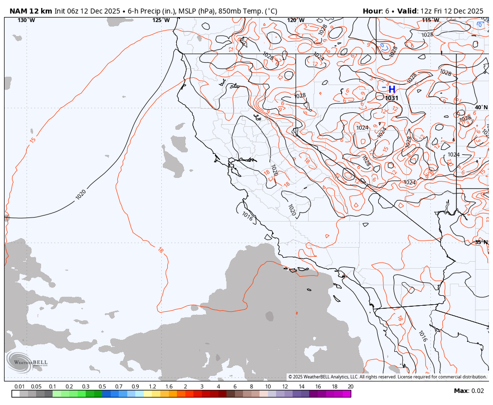A weather map showing 6-hour precipitation, mean sea level pressure, and 850 mb temperature across parts of California, Nevada, and surrounding states. It features black lines for isobars, red lines for temperature contours, and a blue 'H' denoting a high-pressure system.