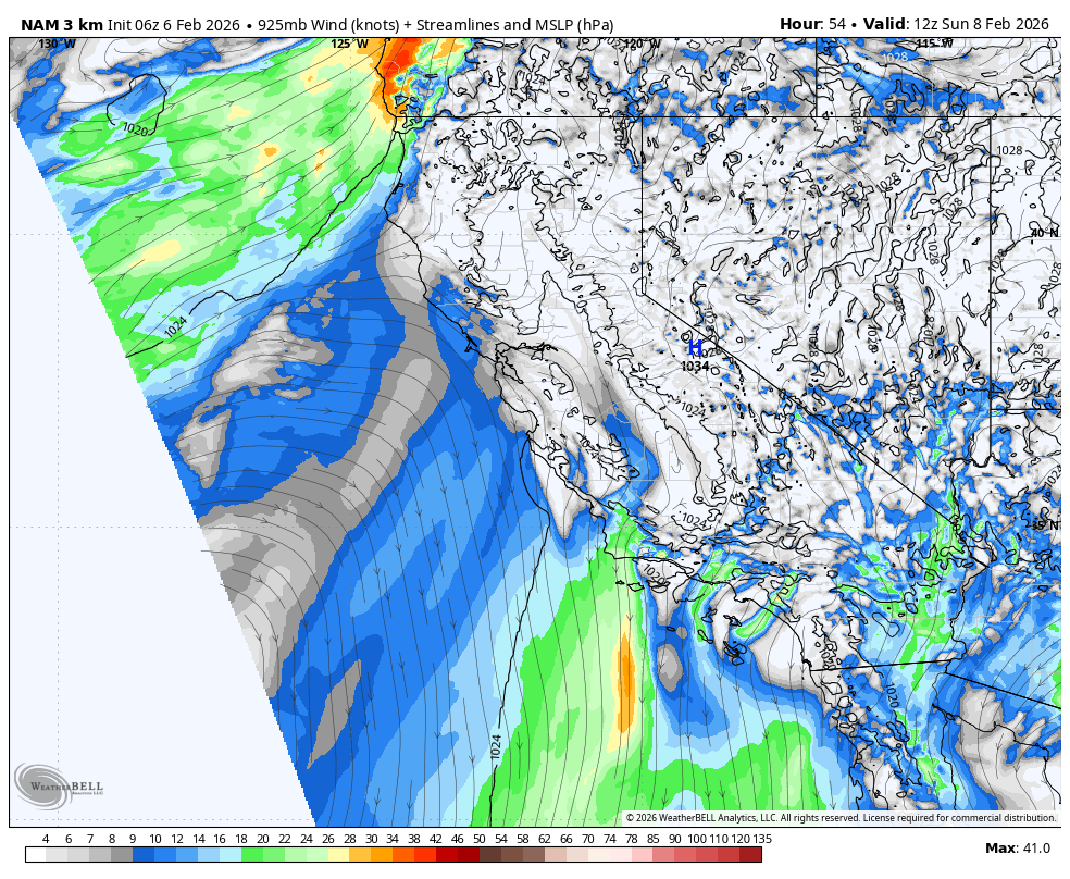 Weather map showing wind speeds, streamlines, and mean sea level pressure across parts of Greece, the Balkans, and the eastern Mediterranean on February 8, 2026. The map includes color-coded wind speed in knots and isobar lines indicating atmospheric pressure in hPa.