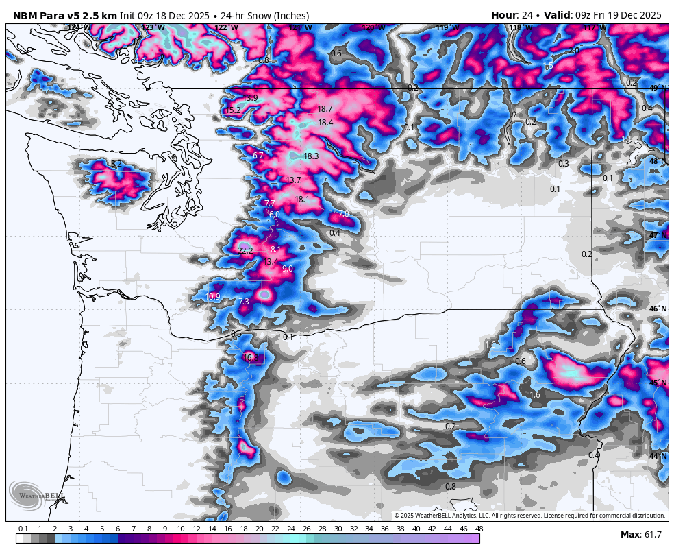 A weather map showing snow accumulation in inches across the Pacific Northwest, including parts of Washington, Oregon, Idaho, and Montana, with color-coded areas indicating varying levels of snowfall forecast for December 19, 2025.