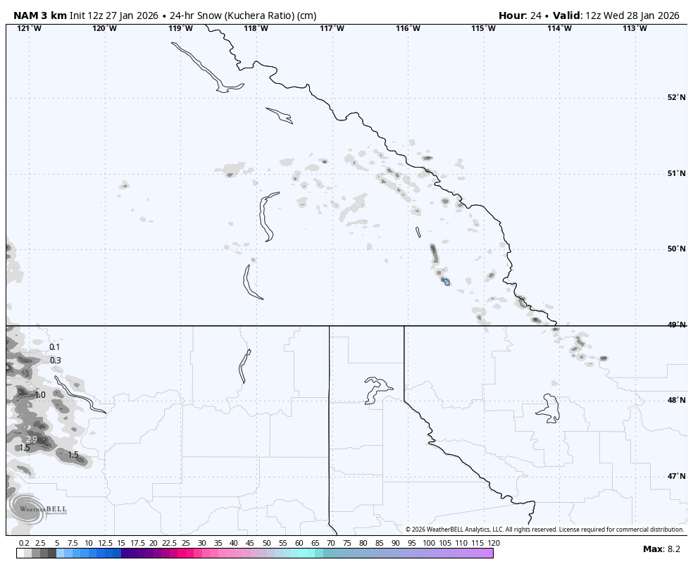 Map showing snowfall totals over a 24-hour period in centimeters across parts of the Pacific Northwest, including Washington and Oregon, with varying shades of gray indicating different snowfall levels. The map highlights the snow distribution following a winter storm, valid as of 12:00 UTC on Wednesday, January 28, 2026.