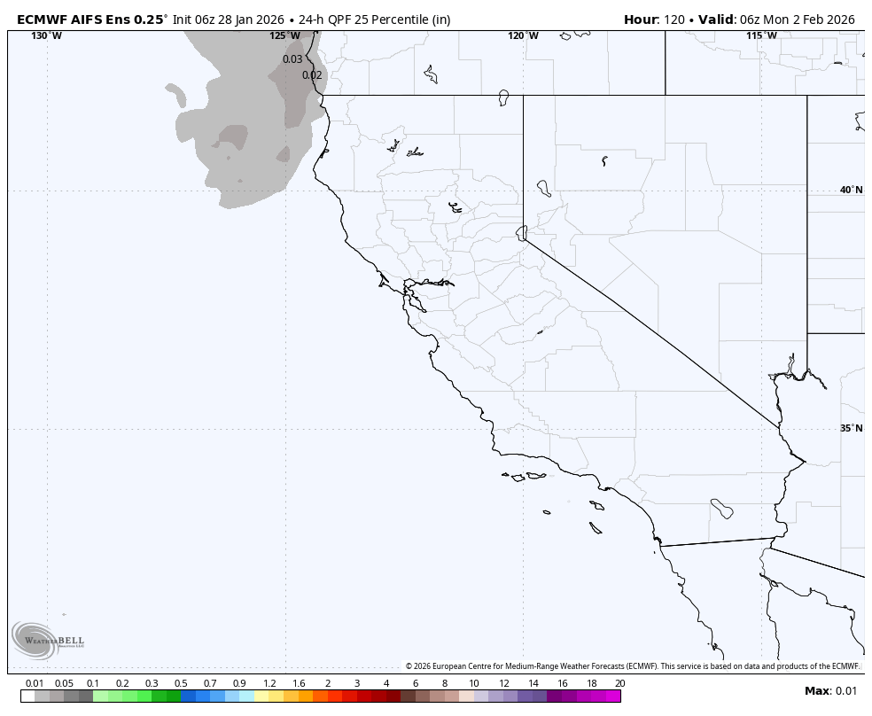 A weather map of California, displaying the 24-hour Quantitative Precipitation Forecast in inches, with the western part of the state showing minimal precipitation, mainly in light gray, indicating very little to no rainfall.