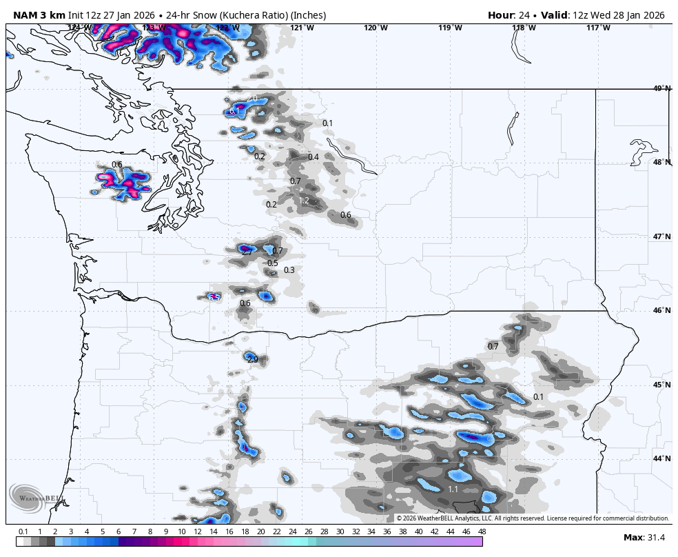 Map showing predicted snow accumulation in inches in parts of the Pacific Northwest and Northern Rockies, with areas of higher snowfall highlighted in purple and blue, indicating snowfall levels up to 31.4 inches.