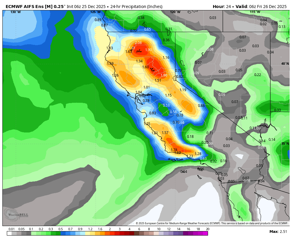 Map showing 24-hour precipitation levels in inches for California, Nevada, and surrounding areas. Colors range from green (lower rainfall) to red and purple (higher rainfall).