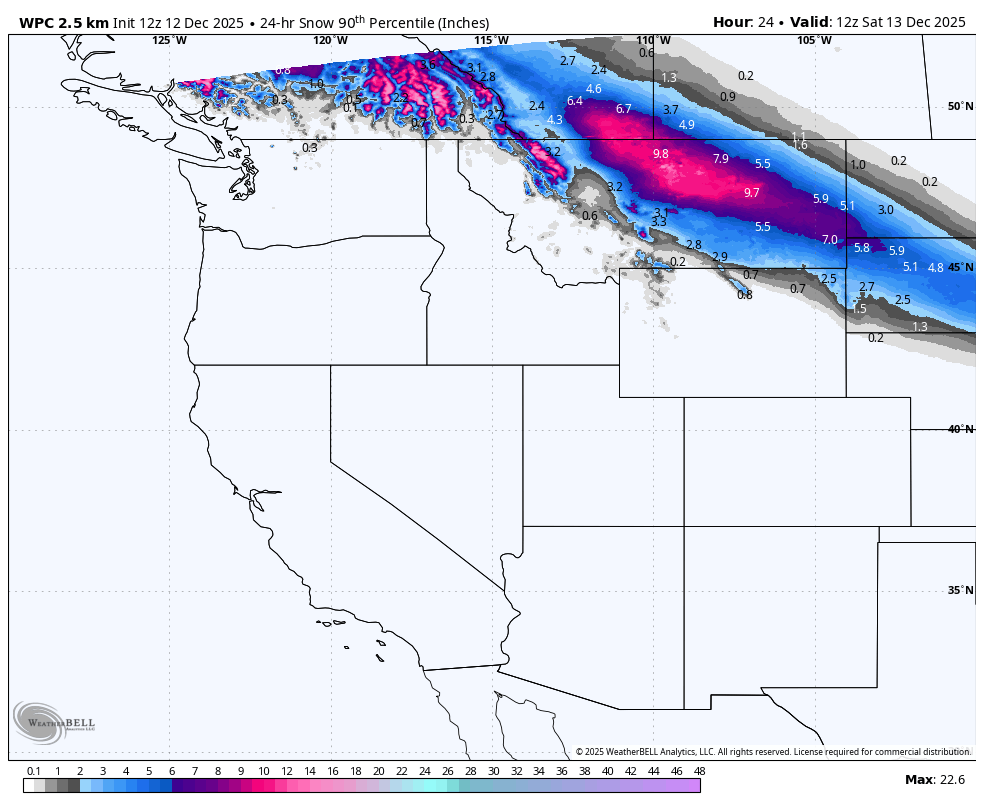 Snowfall forecast map for the Pacific Northwest and surrounding regions, showing 24-hour snowfall accumulation in inches, valid for December 13, 2025 at 12:00 UTC, with higher snowfall amounts indicated in pink and purple, especially over northern Washington and western Canada.