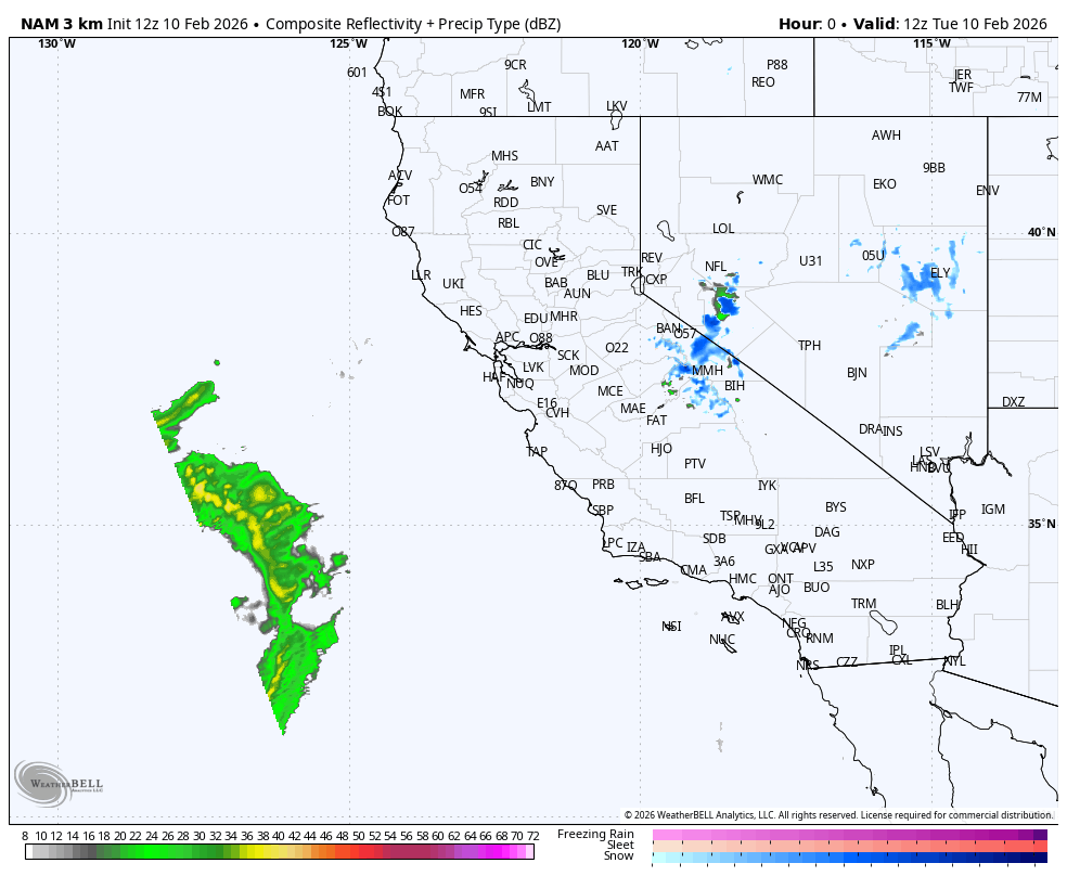 Weather radar map showing composite reflectivity and precipitation types over parts of the western United States, with areas of rain and thunderstorms indicated in green, yellow, and red, and snow and freezing rain depicted in blue and pink.
