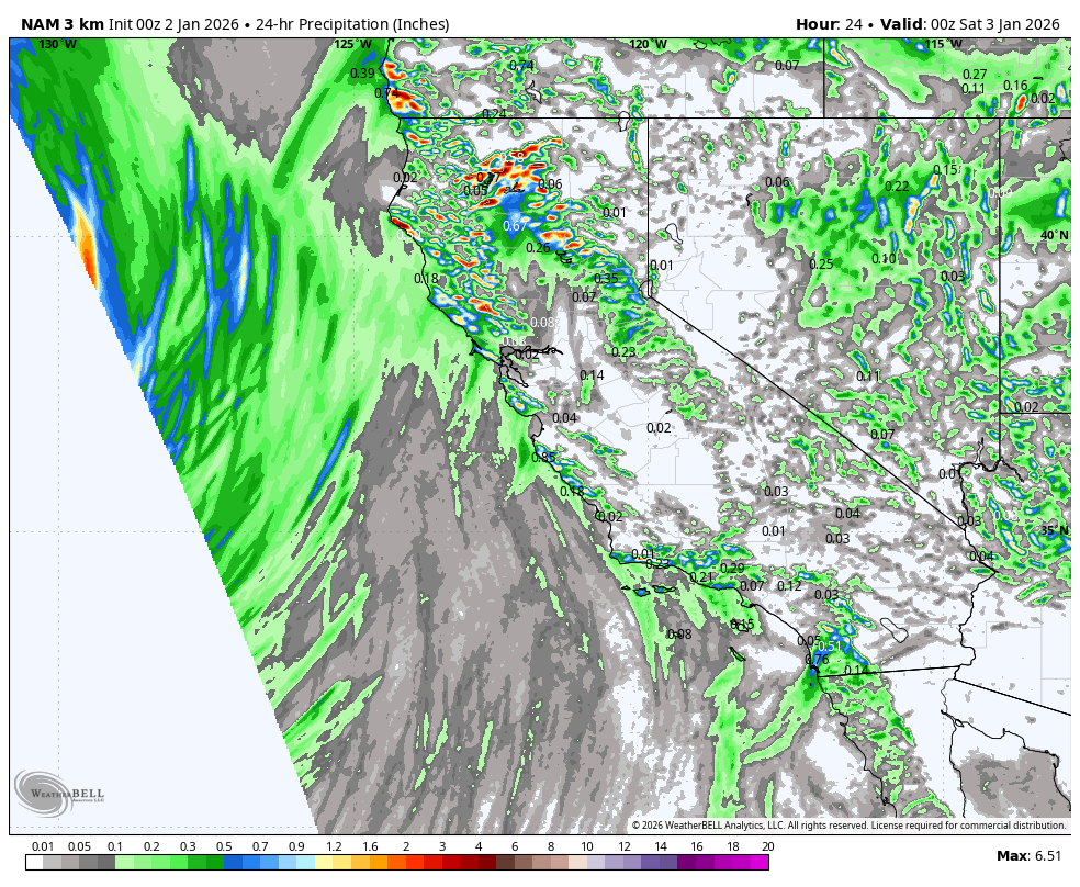 Weather map showing 24-hour precipitation levels across parts of California, Nevada, and surrounding areas, with color coding indicating rainfall intensity. Heaviest rain shown in red and orange near northern California and western Nevada, with lighter rain in green and blue elsewhere.