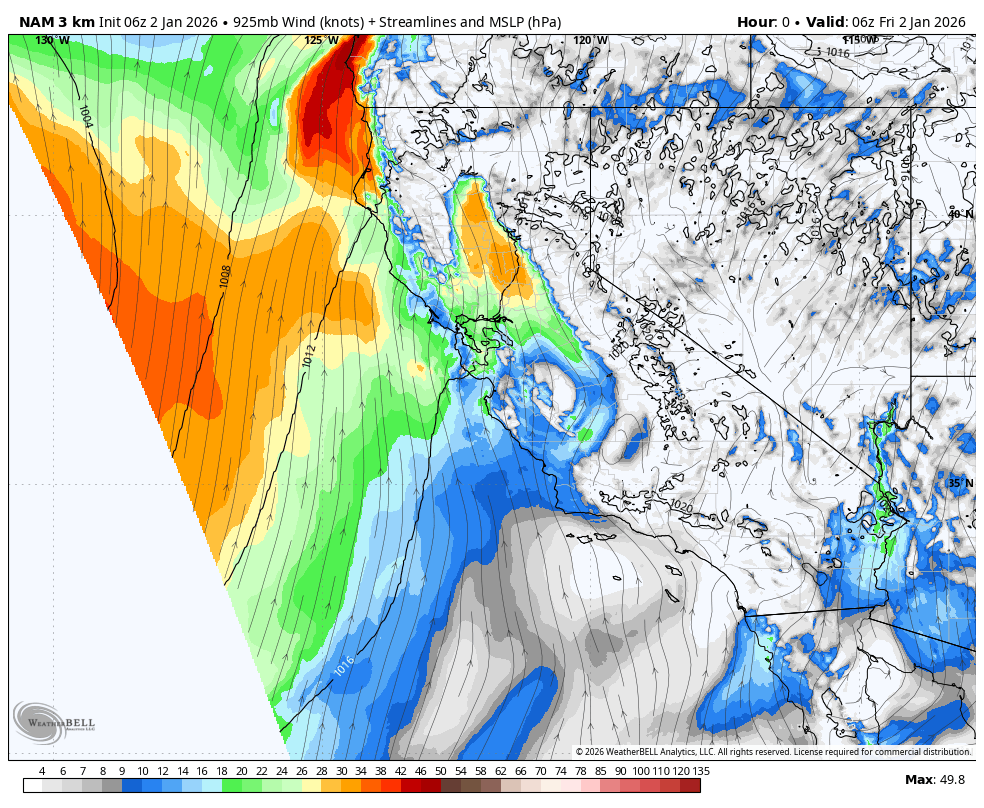 Weather map showing wind speeds in knots, streamlines, and mean sea level pressure in hectopascals over the Pacific Northwest and parts of Canada and Alaska. The map includes color-coded wind speed gradients, with stronger winds indicated in red and orange and lighter winds in green and blue. It also displays weather patterns such as a high-pressure system over the region.