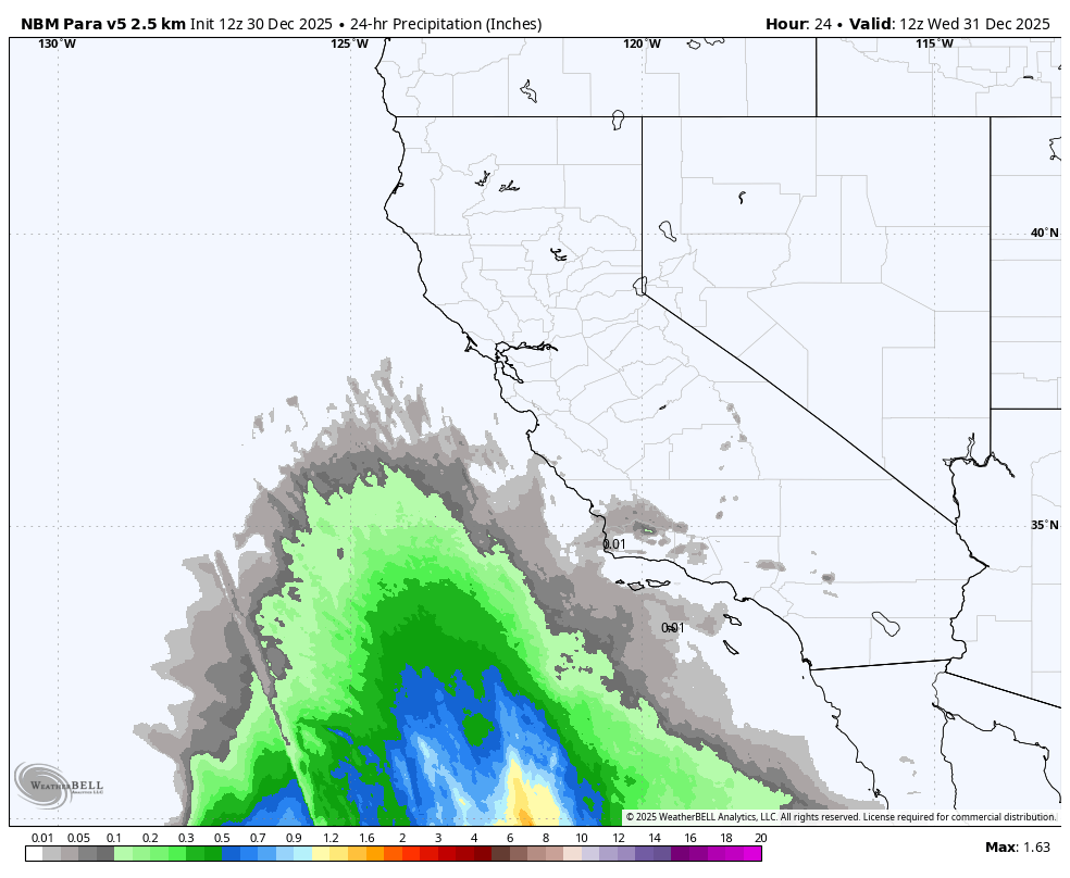 A weather map showing 24-hour precipitation levels in inches over southern California and surrounding areas, with a large area of rain forecasted, including heavier rainfall indicated by blue and purple colors.