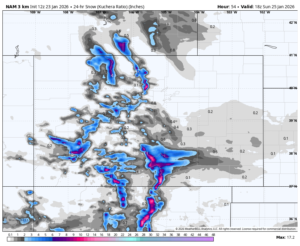 Map showing 24-hour snow accumulation forecast in inches across parts of the Western United States, with areas of higher snowfall marked in shades of blue and pink, and lower snowfall in gray. Snow accumulation varies, with the heaviest snow in selected regions.