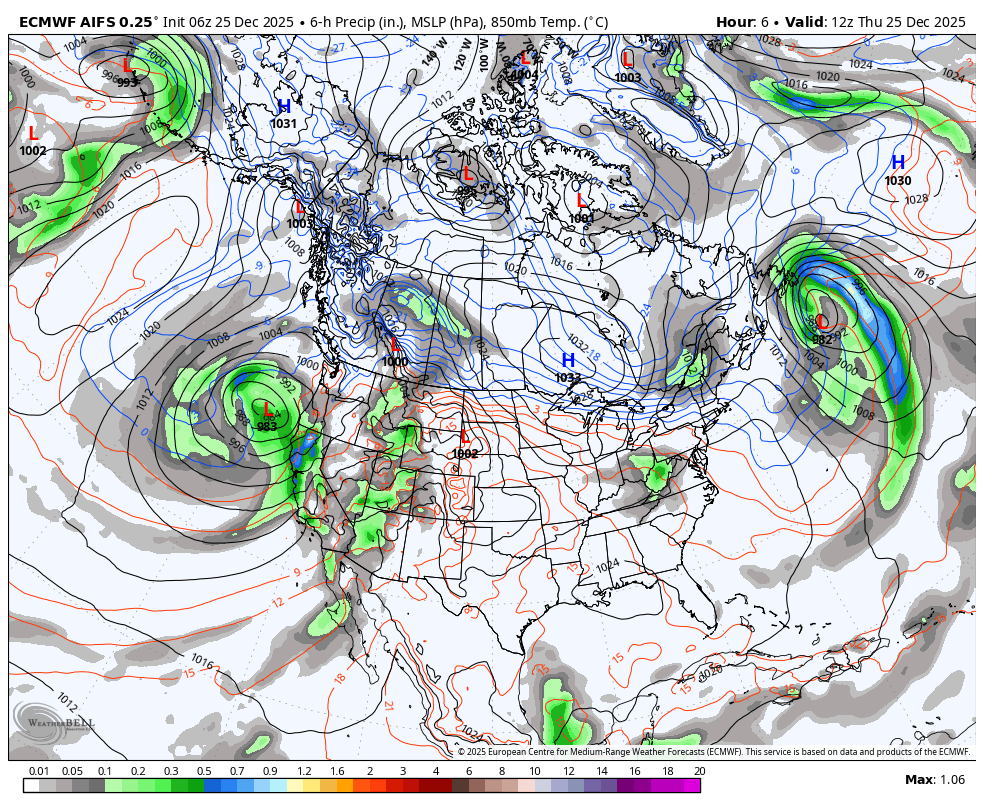 A weather map of North America showing high and low-pressure systems, fronts, and precipitation patterns, with areas of rain and storms indicated by colored shading.