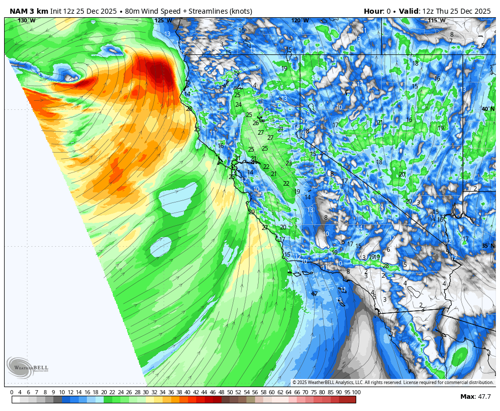 Weather map showing wind streamlines and wind speeds in knots, with a storm system off the coast of California, and rain and snow patterns across the western United States, valid for 12 UTC on December 25, 2025.