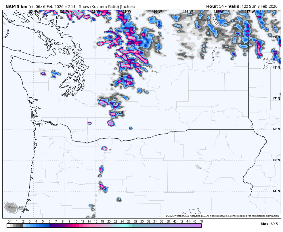 Weather map showing snow over parts of Idaho and Montana with varying intensities indicated by colors, along with other regions experiencing different weather conditions. The map includes latitude and longitude lines, and a legend at the bottom indicating snow depth in inches.