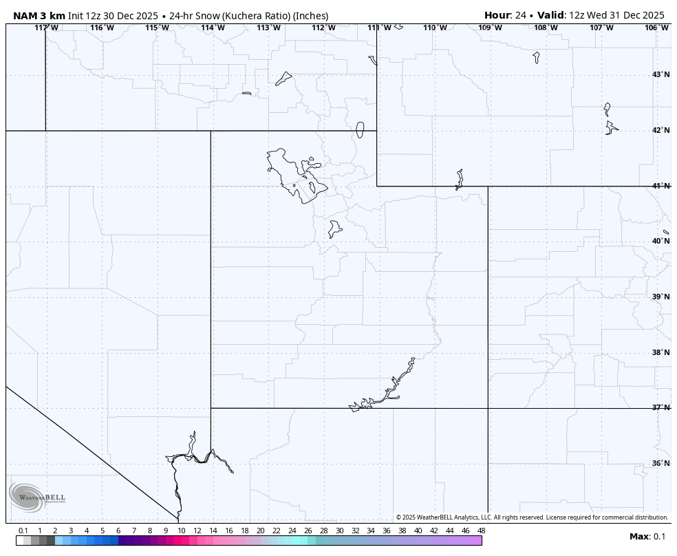 Map showing snow accumulation in inches across parts of Utah, Arizona, New Mexico, and Colorado, valid for December 31, 2025. The map includes geographic coordinates and a color scale indicating snowfall amounts.