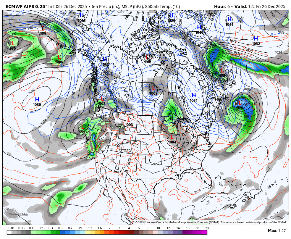 A weather map of North America showing high and low-pressure systems, weather fronts, and precipitation patterns. Green areas indicate light to moderate precipitation, and there are several storm systems, including hurricanes, in the Atlantic and Pacific Oceans.