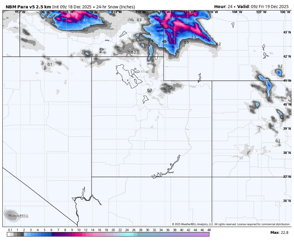 Weather map showing 24-hour snowfall data across parts of the northwestern United States, including Washington, Oregon, Idaho, and northern California. The map indicates varying snow accumulations, with the heaviest snowfall depicted in northern Idaho and northeastern Washington, reaching up to 6.6 inches and 4.1 inches respectively. The map includes labels for the date and time, with the forecast valid at 9 a.m. on December 19, 2025.