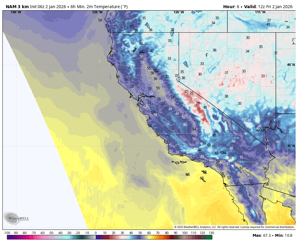 Color-coded weather map showing forecasted minimum temperatures across California and neighboring states on January 2, 2026. Cooler areas are in shades of blue and purple, with temperatures mostly in the 20s and 30s Fahrenheit, especially along the coast and mountainous regions. Warmer areas are in yellow and red, reaching into the 50s and 60s Fahrenheit.