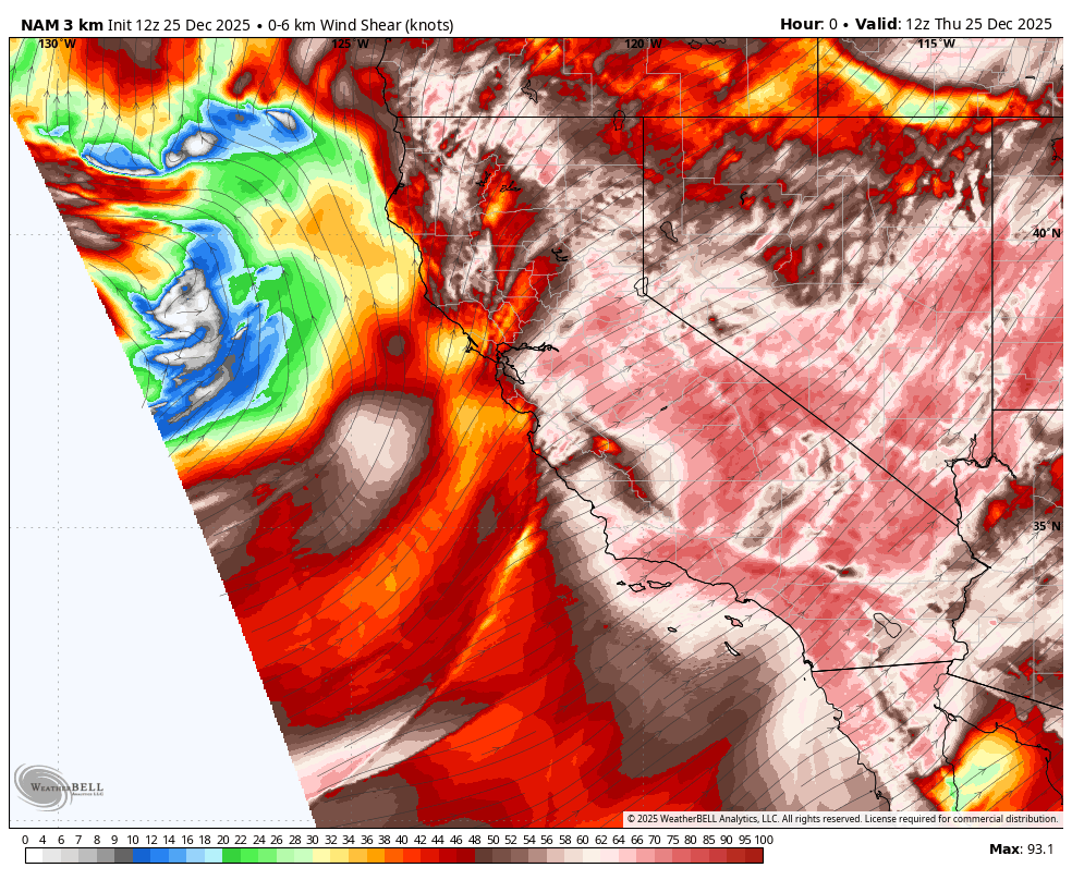 Weather map showing wind shear in knots over the western United States, including California, Oregon, and surrounding states, with intense red indicating high wind shear near 93.1 knots, a storm system off the coast, and wind patterns with color gradations from blue to red.