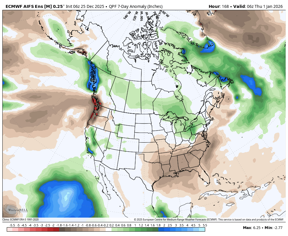 Weather map of the United States showing 7-day precipitation anomalies with areas of above-normal, near-normal, and below-normal rainfall, including green, blue, and brown shading.
