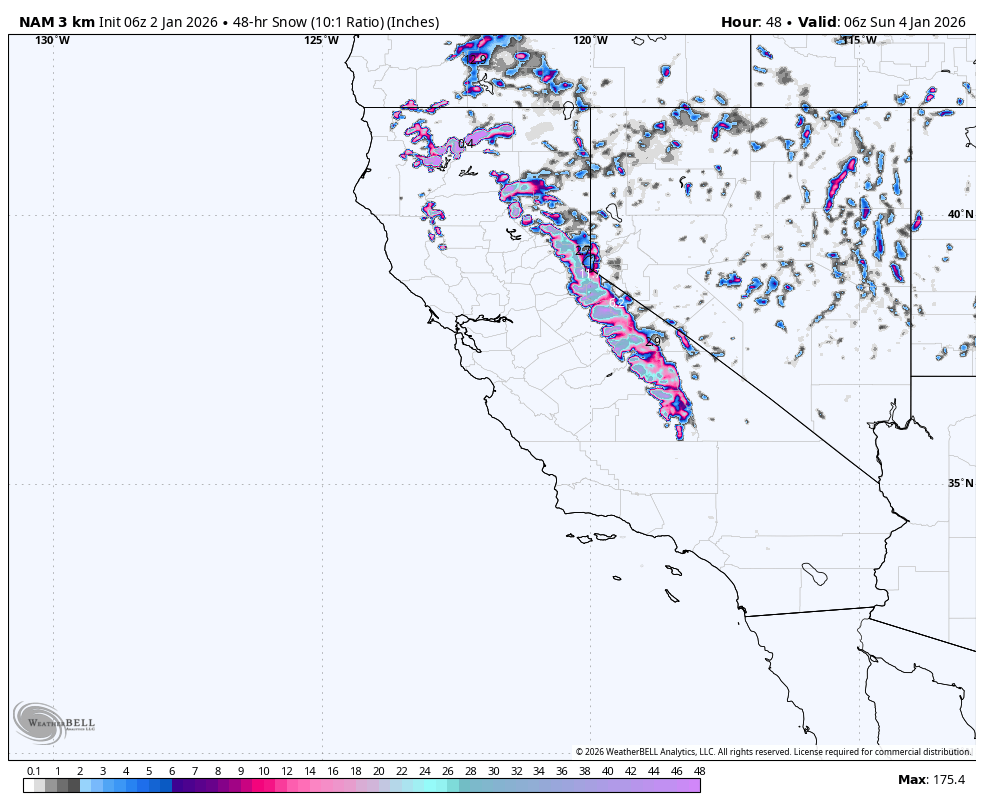 Map showing snow accumulation in inches across parts of the western United States, with the most intense snowfall along a mountainous region, particularly in California and Nevada, and lighter snowfall elsewhere.