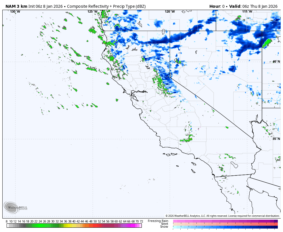 Weather map showing composite reflectivity and precipitation types over California and surrounding states, with areas experiencing snow, sleet, and freezing rain depicted in various colors. The map is valid for 06z on January 8, 2026.